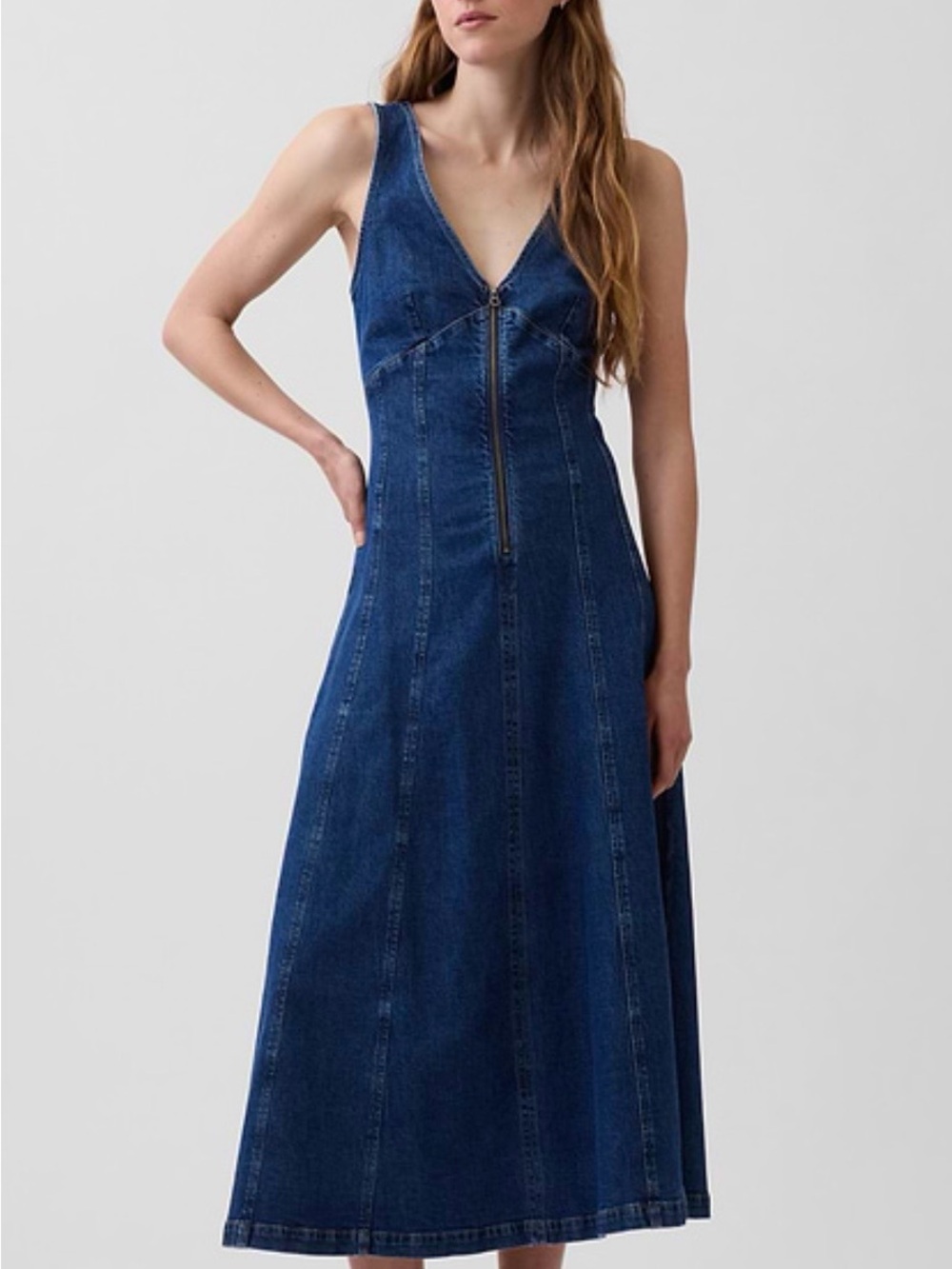 Denim V‑Neck Maxi Dress with Front Zip